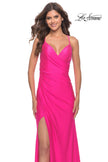 Picture of: Neon Pink Jersey Gown with Wrap Style Front and Rhinestones in Neon Pink, Style: 30683, Main Picture