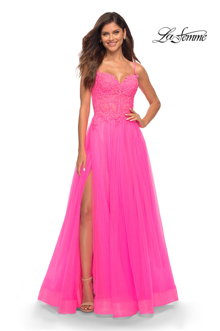 Picture of: Neon Pink Tulle and Lace Ballgown with Illusion Bodice in Neon Pink, Main Picture