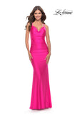 Picture of: Open Lace Up Back Long Gown with Lace Side Detail in Neon Pink, Style: 31365, Main Picture