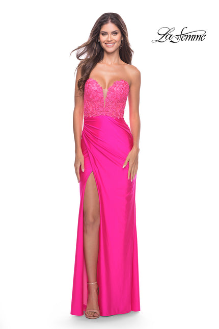 Picture of: Long Dress with Jersey Skirt and Lace Illusion Bodice in Neon in Neon Pink, Style: 31411, Main Picture