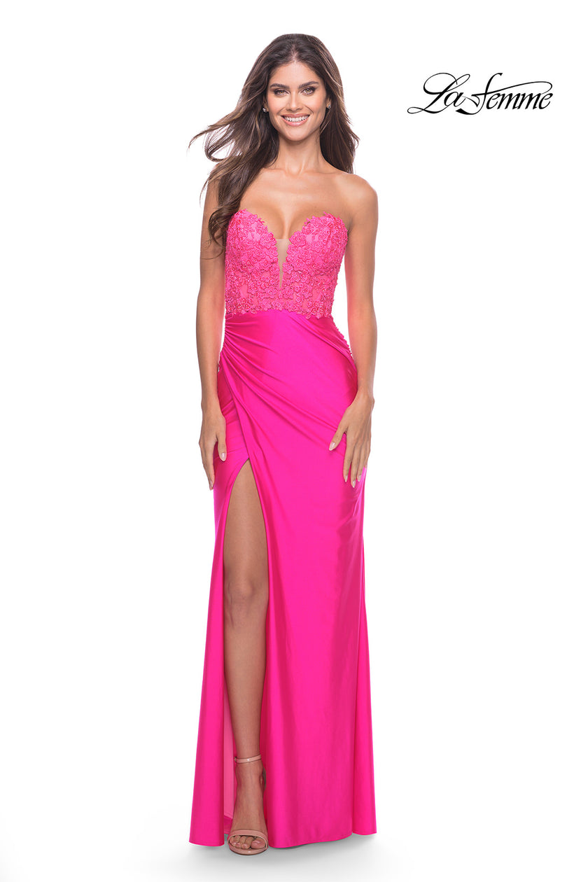 Picture of: Long Dress with Jersey Skirt and Lace Illusion Bodice in Neon in Neon Pink, Style: 31411, Main Picture