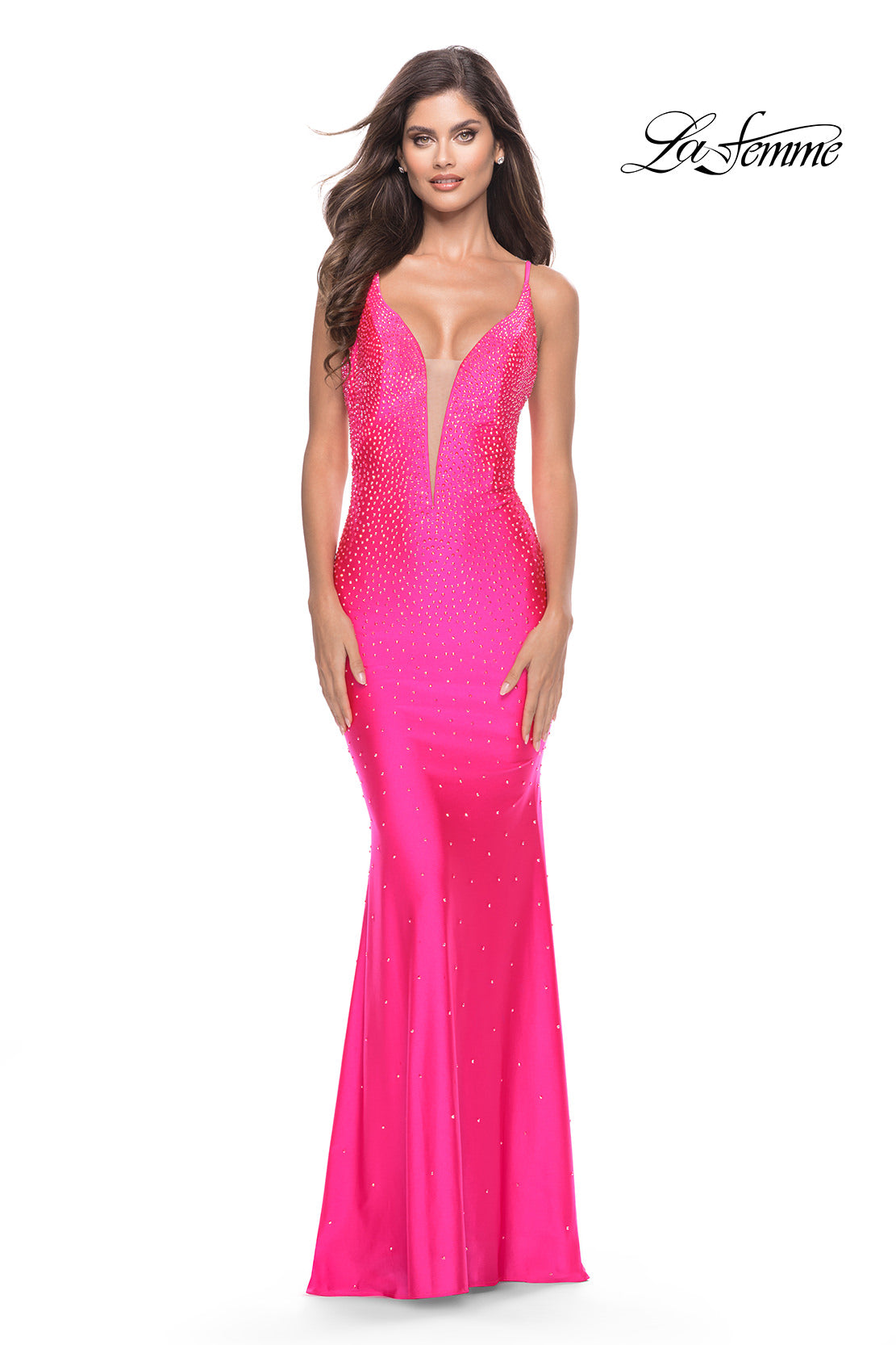 Picture of: Bedazzled Rhinestone Jersey Gown with Deep V Neckline in Neon in Neon Pink, Style: 31413, Main Picture