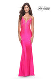 Picture of: Bedazzled Rhinestone Jersey Gown with Deep V Neckline in Neon in Neon Pink, Style: 31413, Main Picture