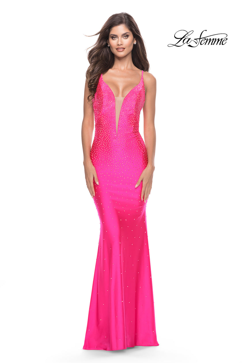 Picture of: Bedazzled Rhinestone Jersey Gown with Deep V Neckline in Neon in Neon Pink, Style: 31413, Main Picture