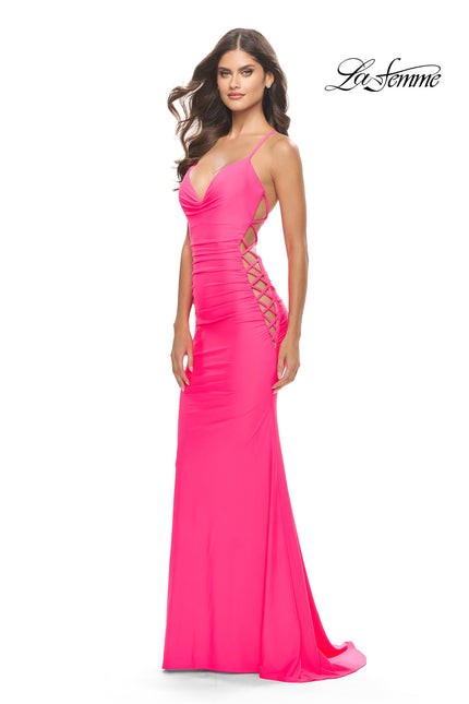 Picture of: Unique Jersey Dress with Open Criss Cross Sides in Neon in Neon Pink, Style: 31438, Main Picture