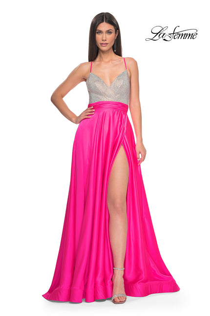 Picture of: Satin Gown with Sheer Rhinestone Bodice in Neon in Neon Pink, Style: 31448, Main Picture