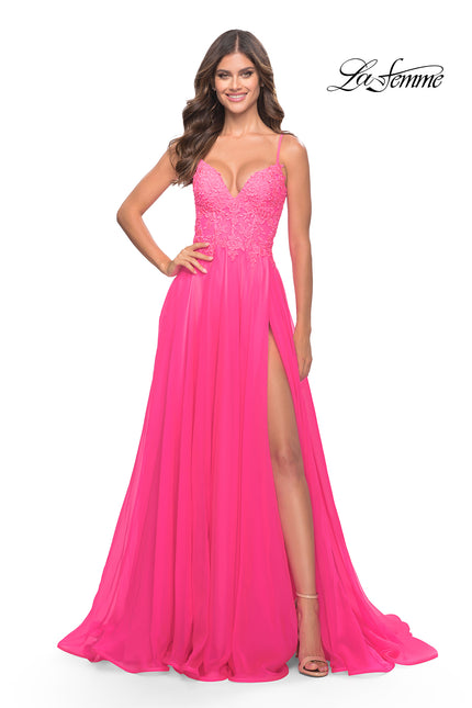 Picture of: A-line Gown with Sheer Floral Embellished Bodice in Neon Pink in Neon Pink, Style: 31506, Main Picture