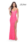 Picture of: Beaded Lace Prom Dress with Side Cutouts and Slit in Neon Pink, Style: 31568, Main Picture