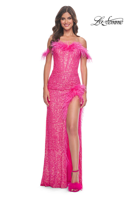 Picture of: Sequin Bustier Dress with Off the Shoulder Feather Lined Top and Slit in Neon Pink, Style: 32150, Main Picture