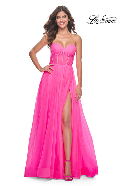 Picture of: Neon Strapless Sweetheart A-Line Corset Prom Dress in Neon Pink, Style: 32341, Main Picture
