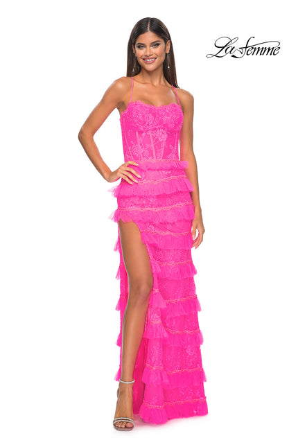 Picture of: Fitted Ruffle Skirt Lace Dress with Illusion Bodice in Neon Pink, Style: 32442, Main Picture