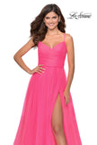 Picture of: Long Tulle Pleated Bodice Prom Gown with Pockets in Neon Pink, Style: 28123, Detail Picture 8