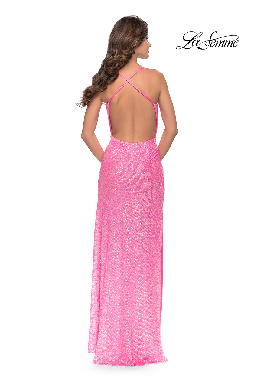 Picture of: Ruched Sequin Prom Dress with High Side Slit in Neon Pink, Style: 31405, Detail Picture 8