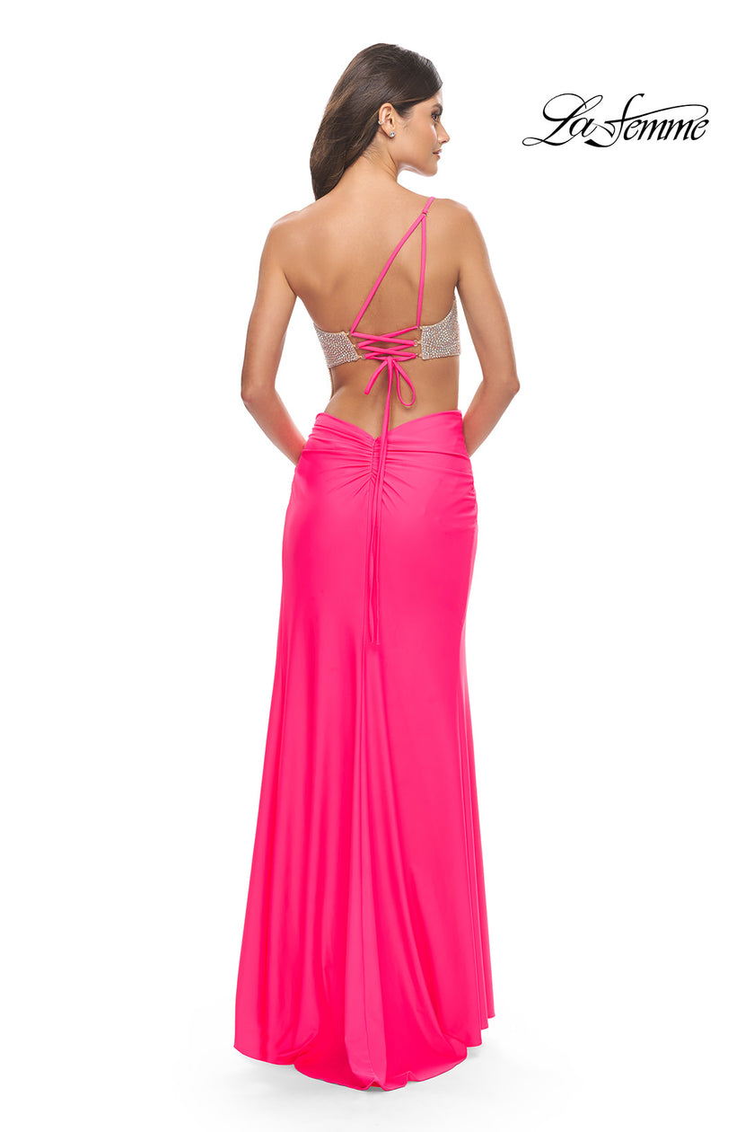 Picture of: One Shoulder Dress with Side Cut Out and Rhinestone Bodice in Neon Pink, Style: 31600, Detail Picture 8