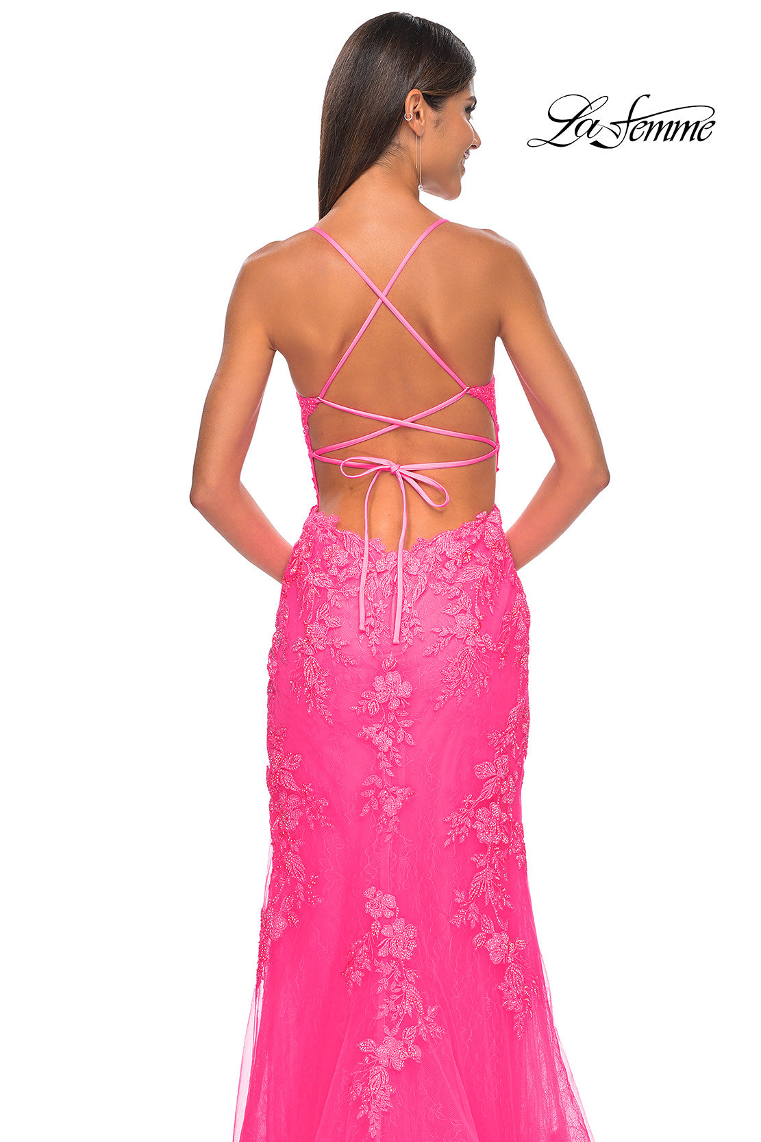 Picture of: Lace Fitted Dress with Deep V Neckline and Lace Applique in Neon Pink, Style: 32205, Detail Picture 9