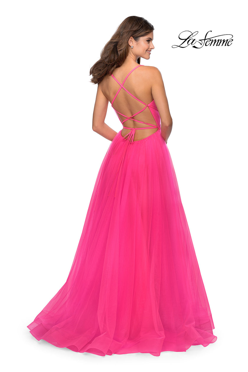 Picture of: Long Tulle Prom Dress with Criss Cross Bodice Detail in Neon Pink, Style: 28893, Back Picture