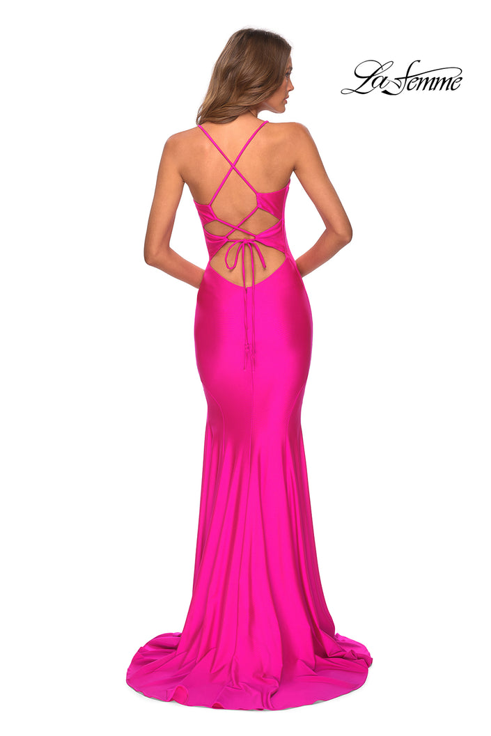 Picture of: Neon Jersey Dress with Ruching and Lace Up Back in Neon Pink, Style: 28993, Back Picture