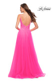Picture of: A Line Tulle Gown with Lace Bodice and V Back in Neon Pink, Style 29964, Back Picture