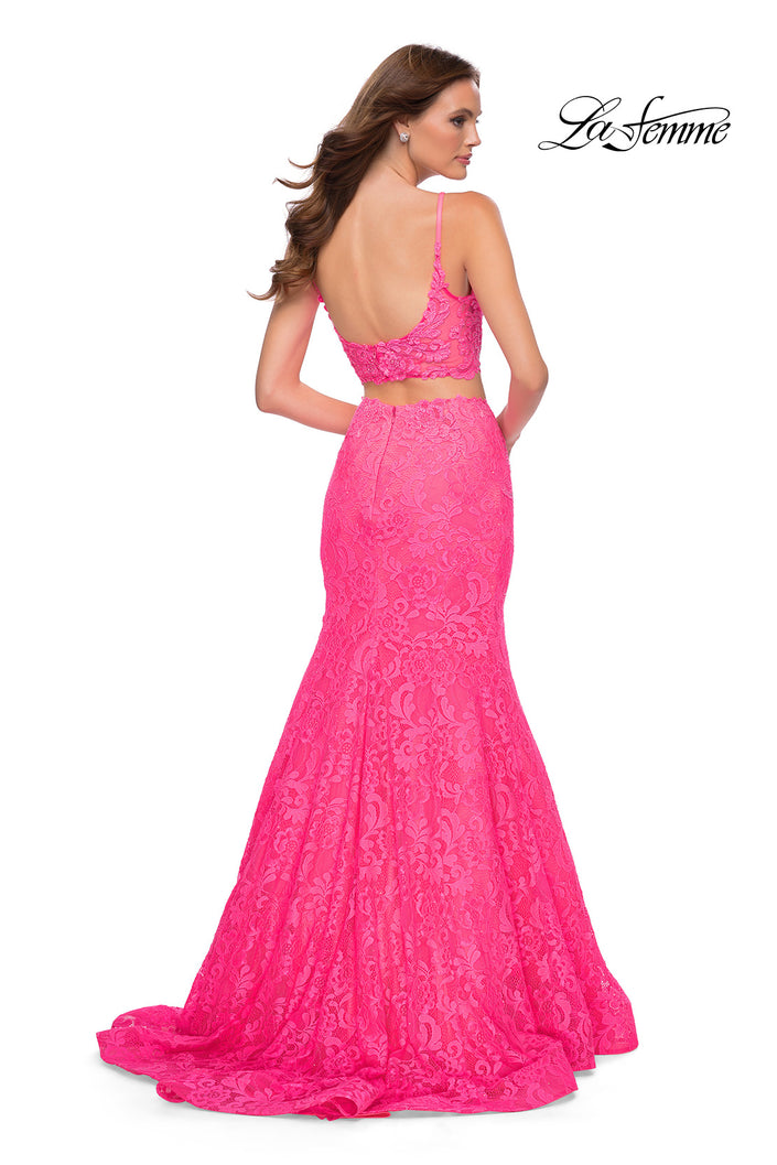 Picture of: Two Piece Gown with Mermaid Skirt and Sheer Sides in Neon Pink, Style 29967, Back Picture