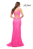 Picture of: Stretch Lace Gown with Slit and Open Keyhole Back in Neon Pink, Style 29978, Back Picture