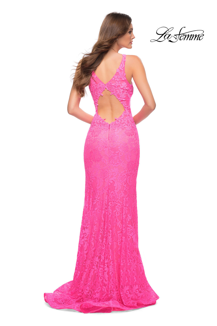 Picture of: Stretch Lace Gown with Slit and Open Keyhole Back in Neon Pink, Style 29978, Back Picture