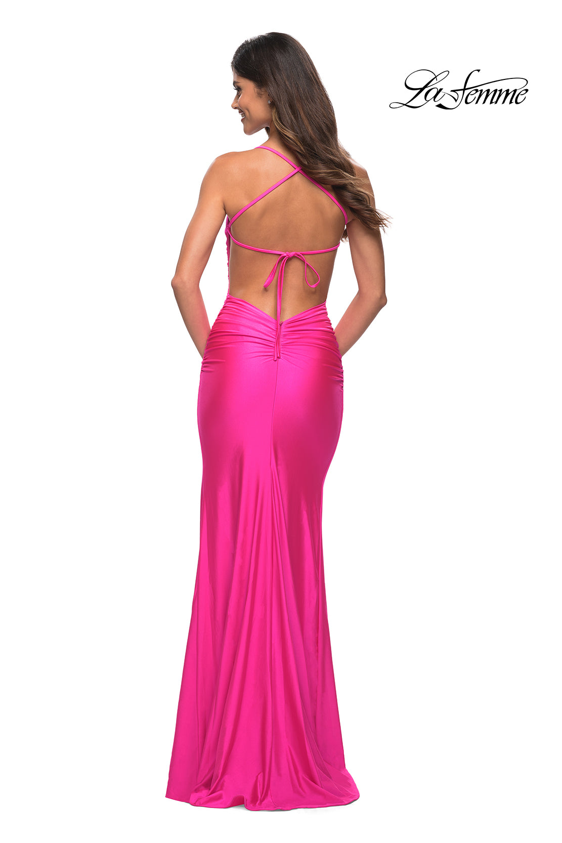 Picture of: Neon Pink Long Tie Up Back Jersey Prom Dress with Slit in Neon Pink, Back Picture
