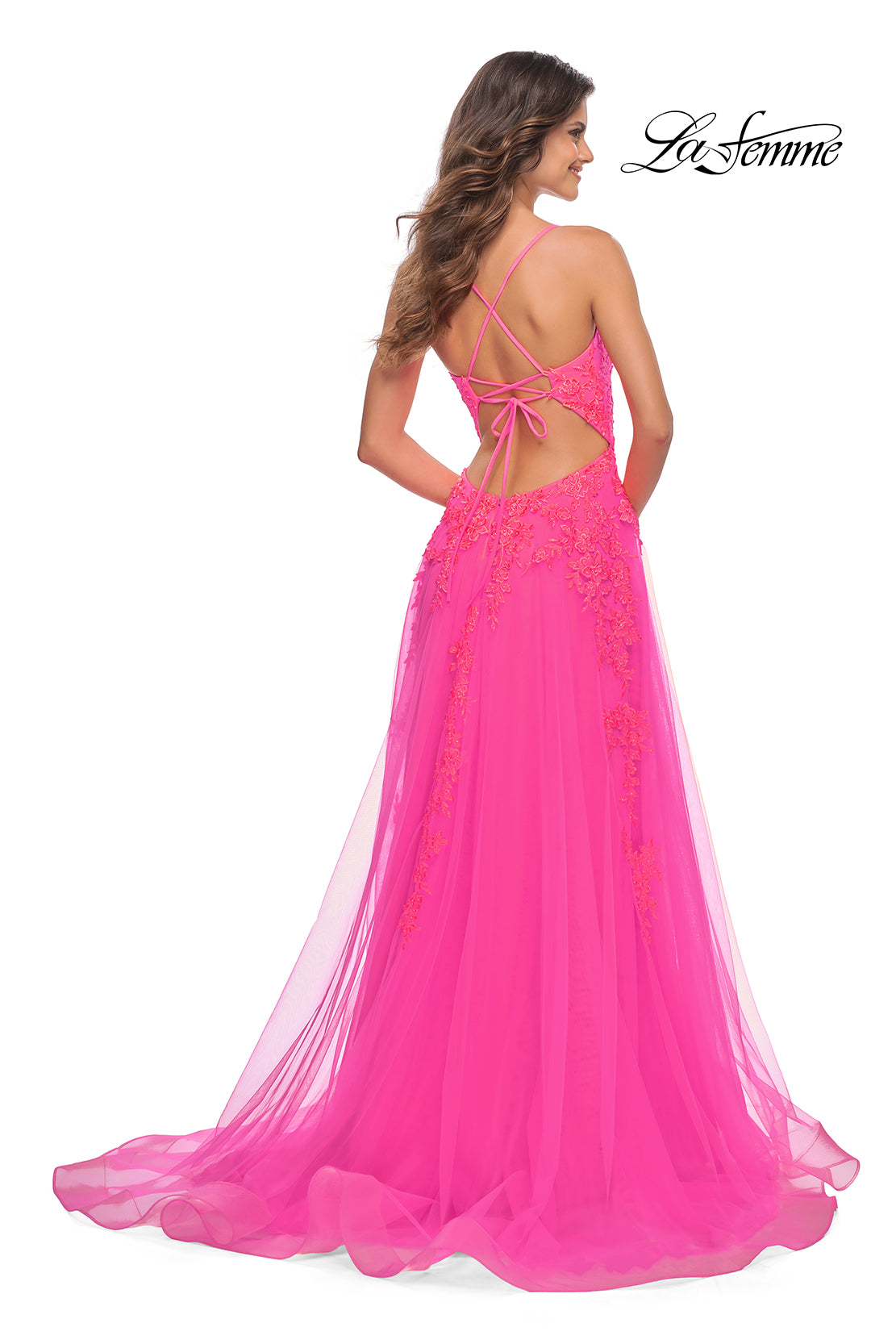 Picture of: Tulle Prom Dress with Lace Detail in Neon Pink in Neon Pink, Back Picture