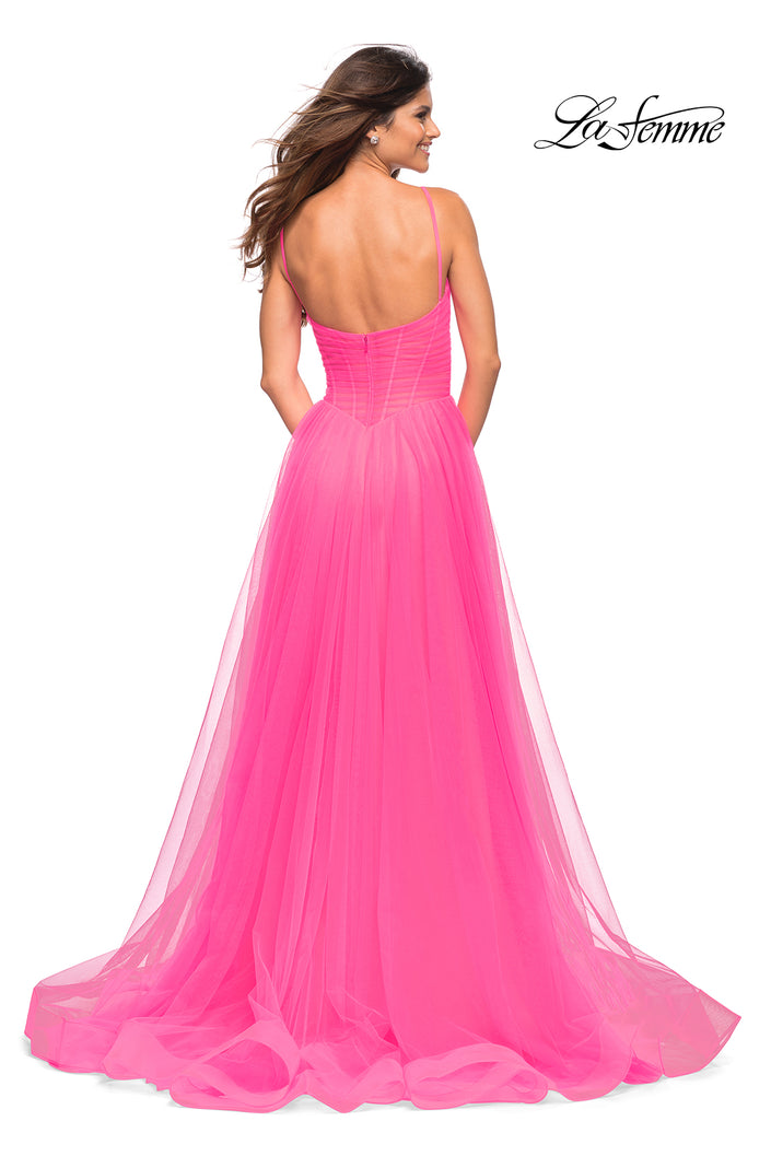 Picture of: Neon Pink Tulle A-line Prom Dress with Corset Sheer Bodice in Neon Pink, Back Picture