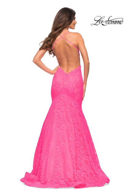 Picture of: Neon Pink Mermaid Lace Gown with Sheer Bodice and Open Back in Neon Pink, Back Picture
