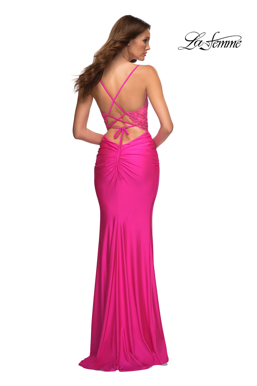 Picture of: Neon Prom Dress with Beautiful Lace Bodice and Jersey Skirt in Pink, Style: 30606, Back Picture