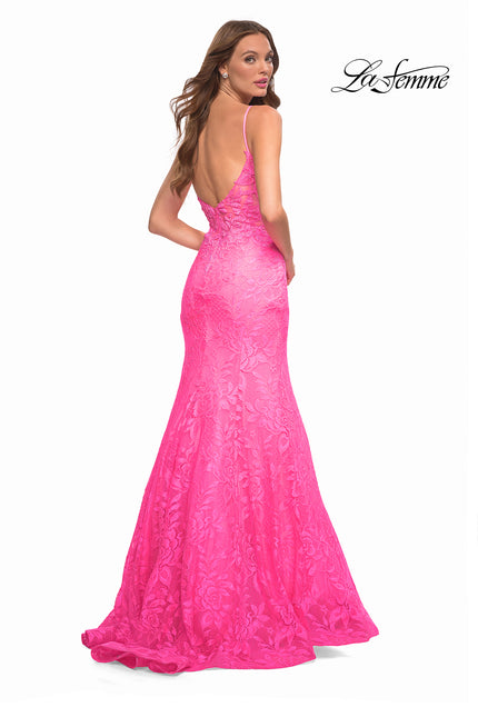 Picture of: Neon Pink Mermaid Lace Prom Dress with Sheer Jeweled Bodice in Pink, Style: 30663, Back Picture