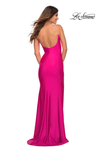 Picture of: Jeweled Rhinestone Strap Long Prom Dress in Neon in Neon Pink, Back Picture