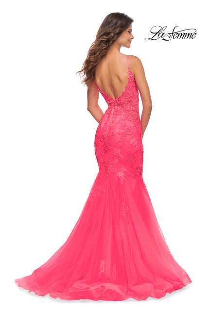 Picture of: Tulle and Lace Mermaid Gown in Neon Pink in Neon Pink, Back Picture