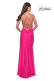 Picture of: Neon Pink Jersey Gown with Wrap Style Front and Rhinestones in Neon Pink, Style: 30683, Back Picture