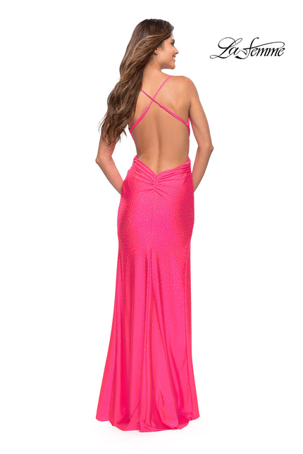 Picture of: Neon Pink Ruched Long Gown with Criss-Cross Style Bodice, Style: 30689, Back Picture