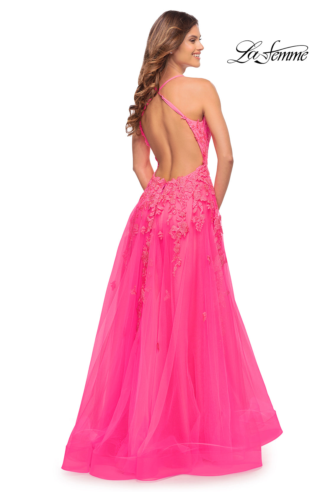 Picture of: Gorgeous Lace and Tulle Ball Gown with High Slit in Neon Pink in Neon Pink, Style: 30693, Back Picture