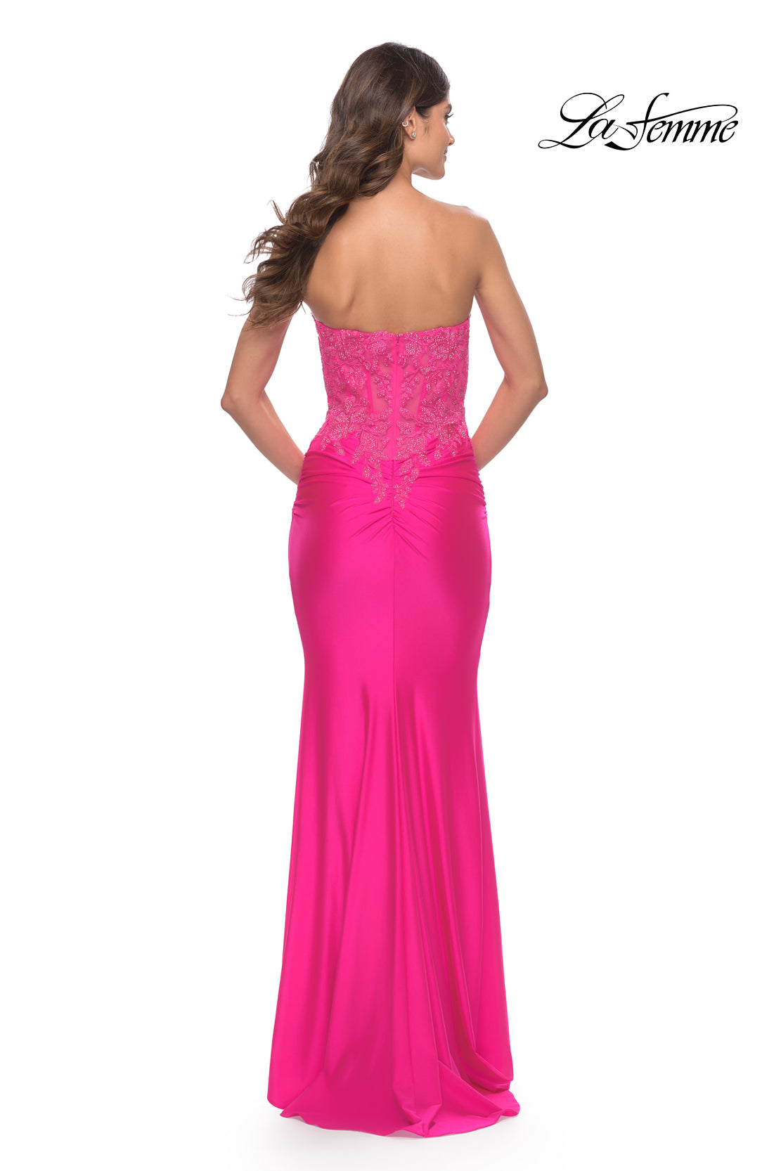 Picture of: Stunning Strapless Jeweled Lace and Jersey Dress in Neon Pink, Style: 30696, Back Picture