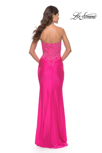 Picture of: Stunning Strapless Jeweled Lace and Jersey Dress in Neon Pink, Style: 30696, Back Picture