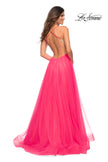 Picture of: Neon Tulle Ballgown with Jeweled Top and Pockets in Neon Pink, Back Picture