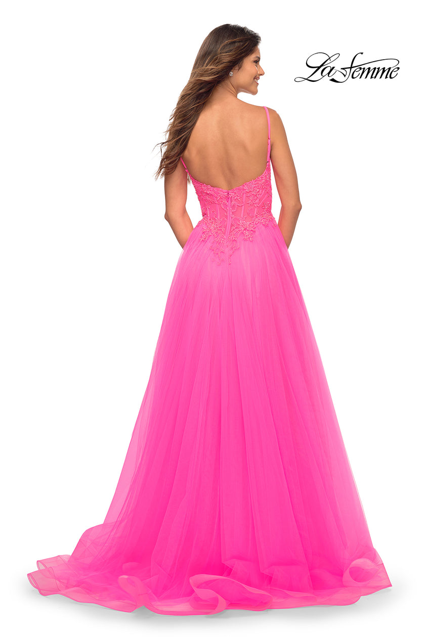 Picture of: Neon Pink Tulle and Lace Ballgown with Illusion Bodice in Neon Pink, Back Picture