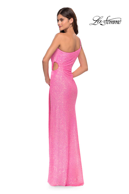 Picture of: One Shoulder Sequin Dress with Circle Cut Out in Neon in Neon Pink, Style: 31213, Back Picture