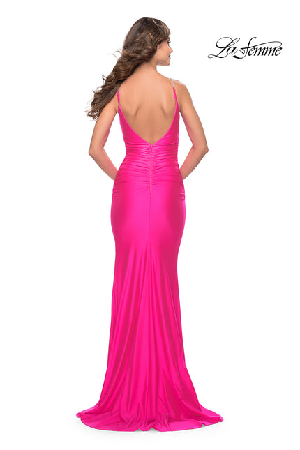 Picture of: Jersey Dress with Criss Cross Bodice and Jeweled Straps in Neon in Neon Pink, Style: 31222, Back Picture