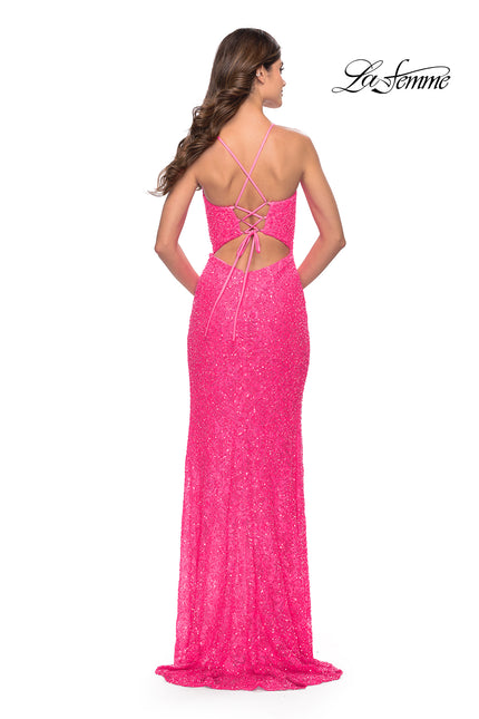 Picture of: Beaded Lace Gown with High Slit and V Neck in Neon Pink, Style: 31388, Back Picture