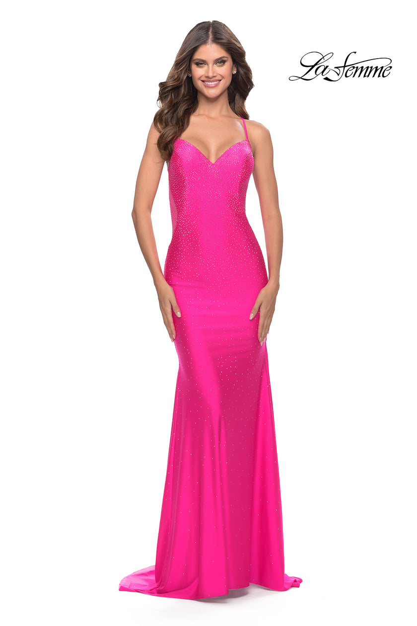 Picture of: Dramatic Rhinestone Dress with Sheer Details and Train in Bright Colors in Neon Pink, Style: 31403, Back Picture