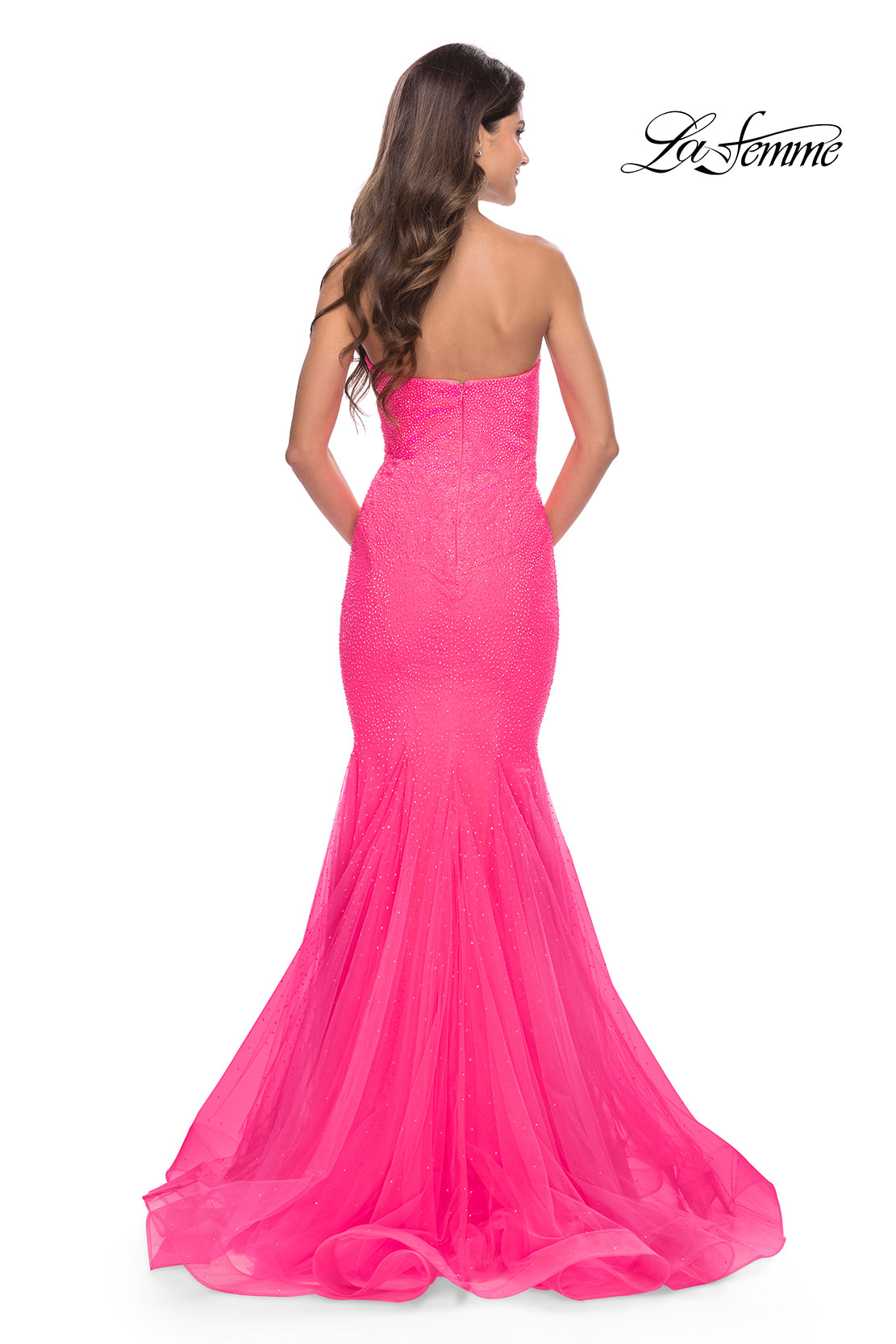 Picture of: Rhinestone Fully Embellished Prom Dress with Sheer Bodice in Neon in Neon Pink, Style: 31421, Back Picture