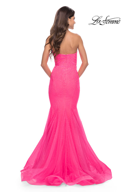 Picture of: Rhinestone Fully Embellished Prom Dress with Sheer Bodice in Neon in Neon Pink, Style: 31421, Back Picture