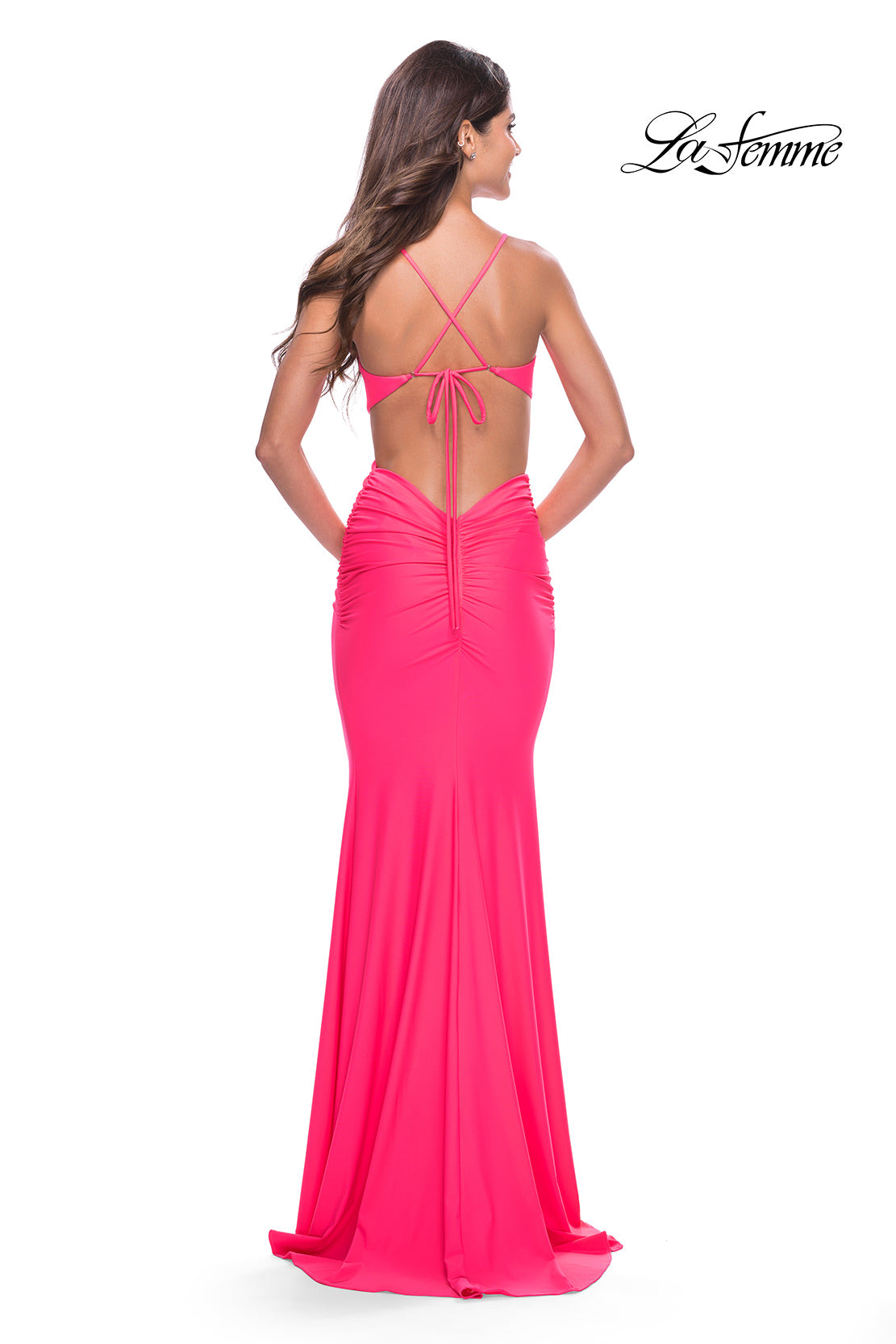 Picture of: Prom Dress with Cut Out Sides and Low Open Back in Neon in Neon Pink, Style: 31428, Back Picture