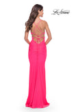Picture of: Cut Out Long Soft Jersey Dress with Criss Cross Bodice in Neon in Neon Pink, Style: 31442, Back Picture