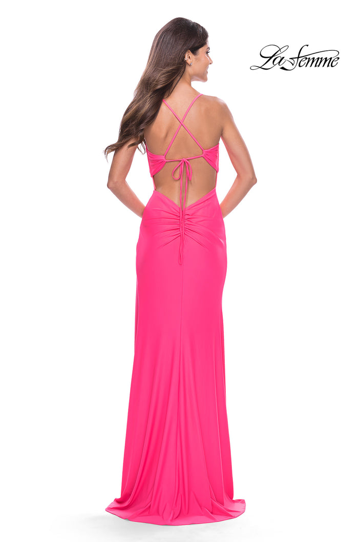 Picture of: Soft Jersey Dress with Knot Detail on Bust and Hip in Neon in Neon Pink, Style: 31446, Back Picture