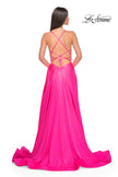 Picture of: Satin Gown with Sheer Rhinestone Bodice in Neon in Neon Pink, Style: 31448, Back Picture